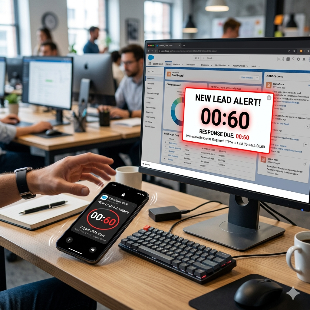 Lead response screen with urgent notification and sub-60-second follow-up cue