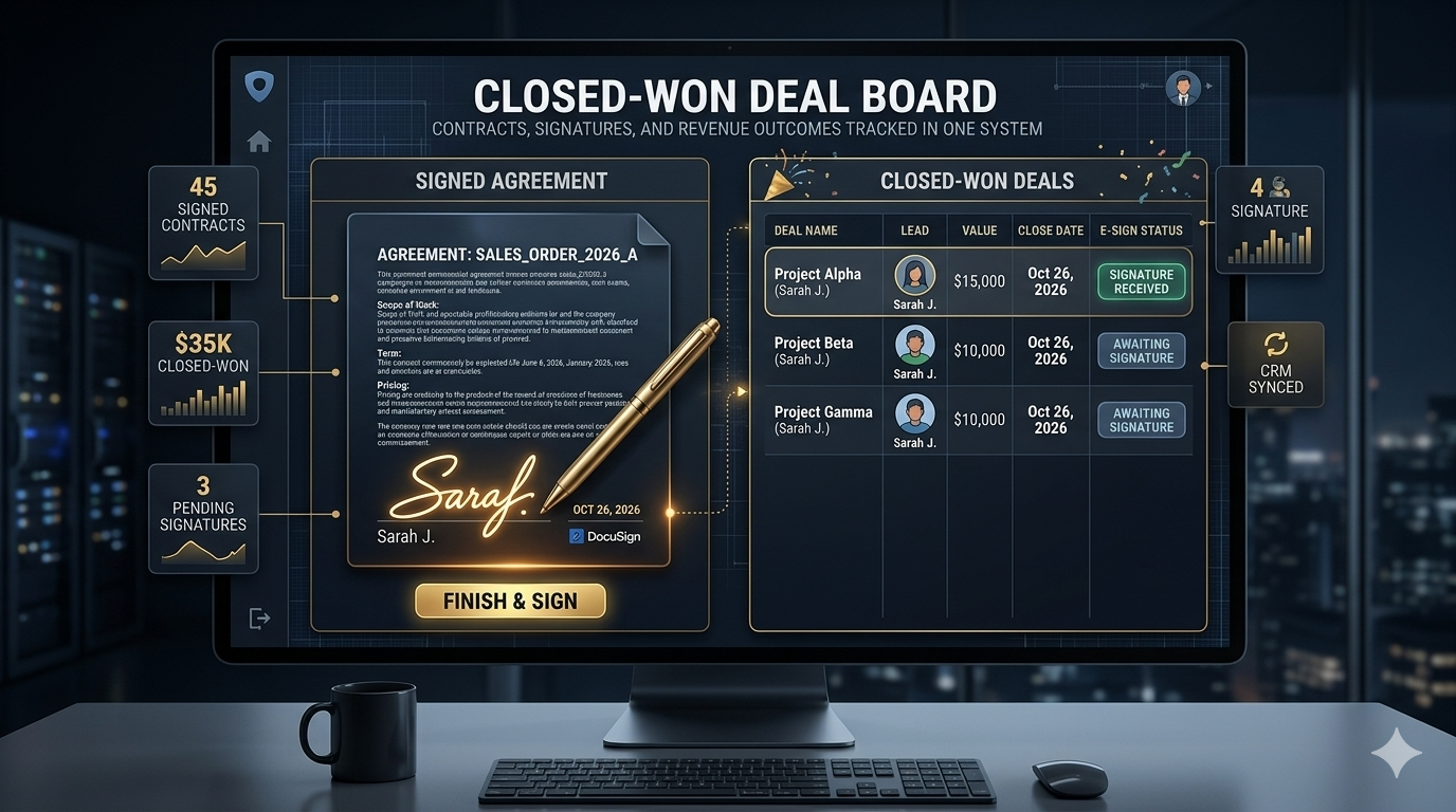 Signed contract and closed deal workflow representing end-to-end sales execution