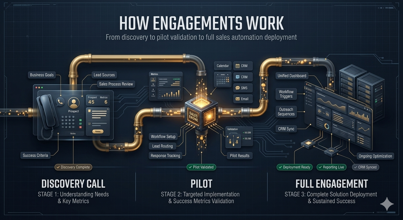 Three-stage engagement journey from discovery call to pilot to full managed sales execution