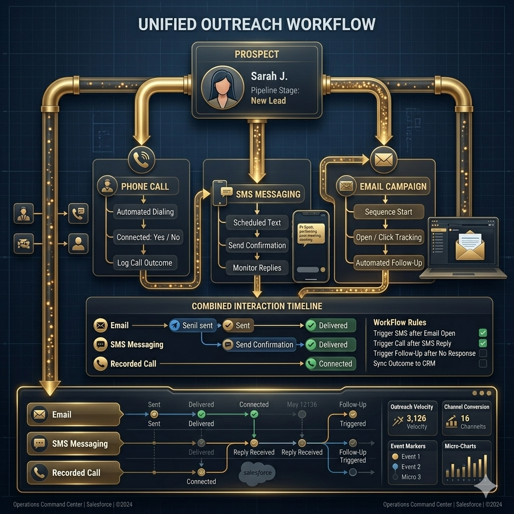Unified outreach workflow spanning phone, SMS, and email for one inbound lead