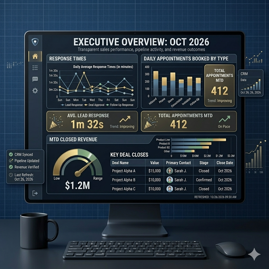 Executive reporting dashboard showing response times, appointments booked, and closed deals