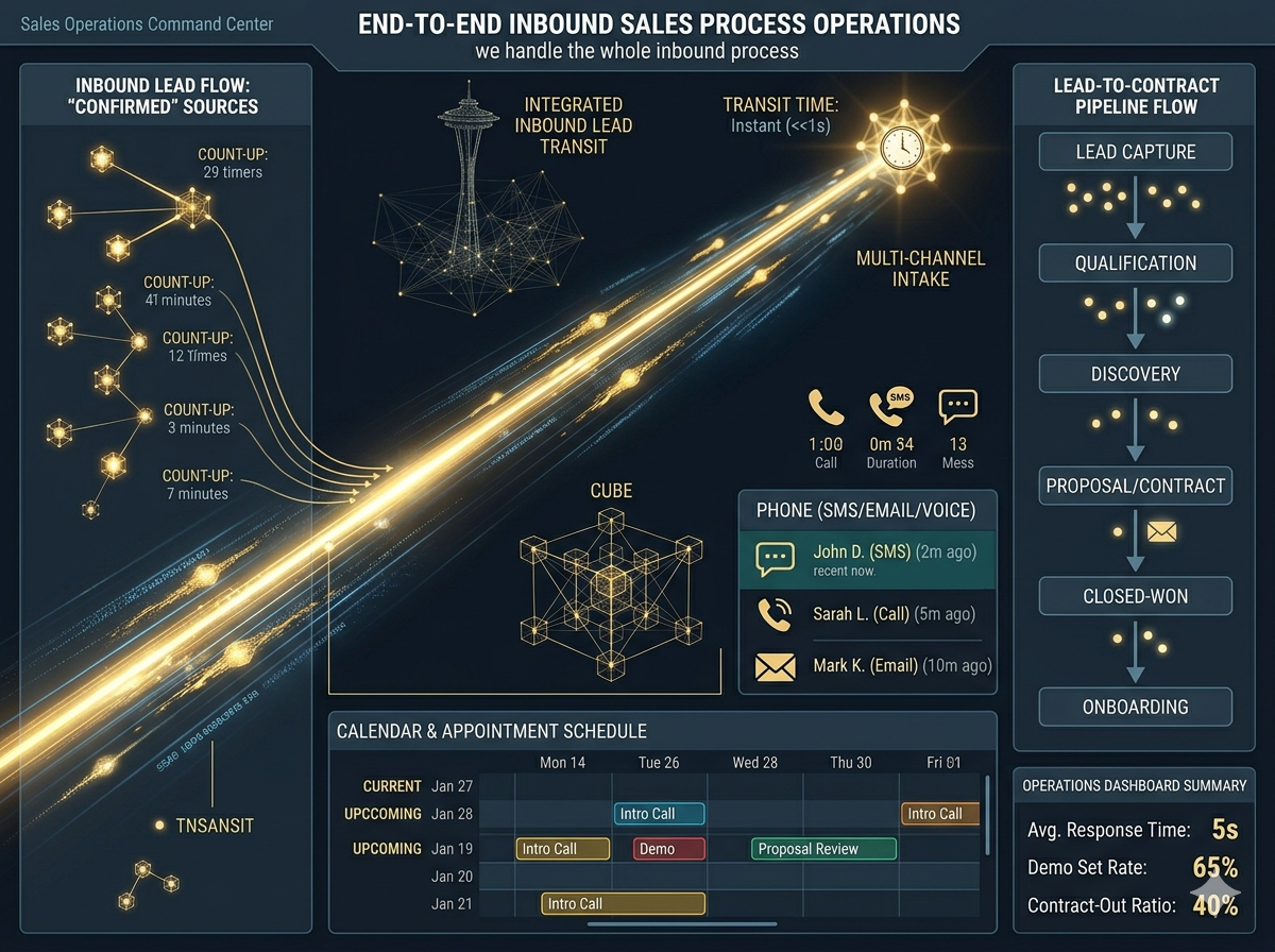 Sales operations dashboard showing inbound lead response, qualification, appointment booking, and contract workflows
