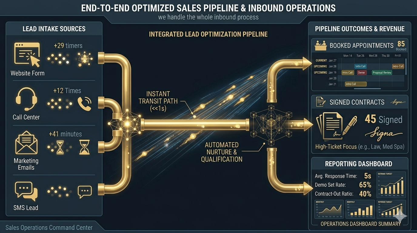 Visual sales pipeline from incoming leads to booked appointments, signed contracts, and reporting