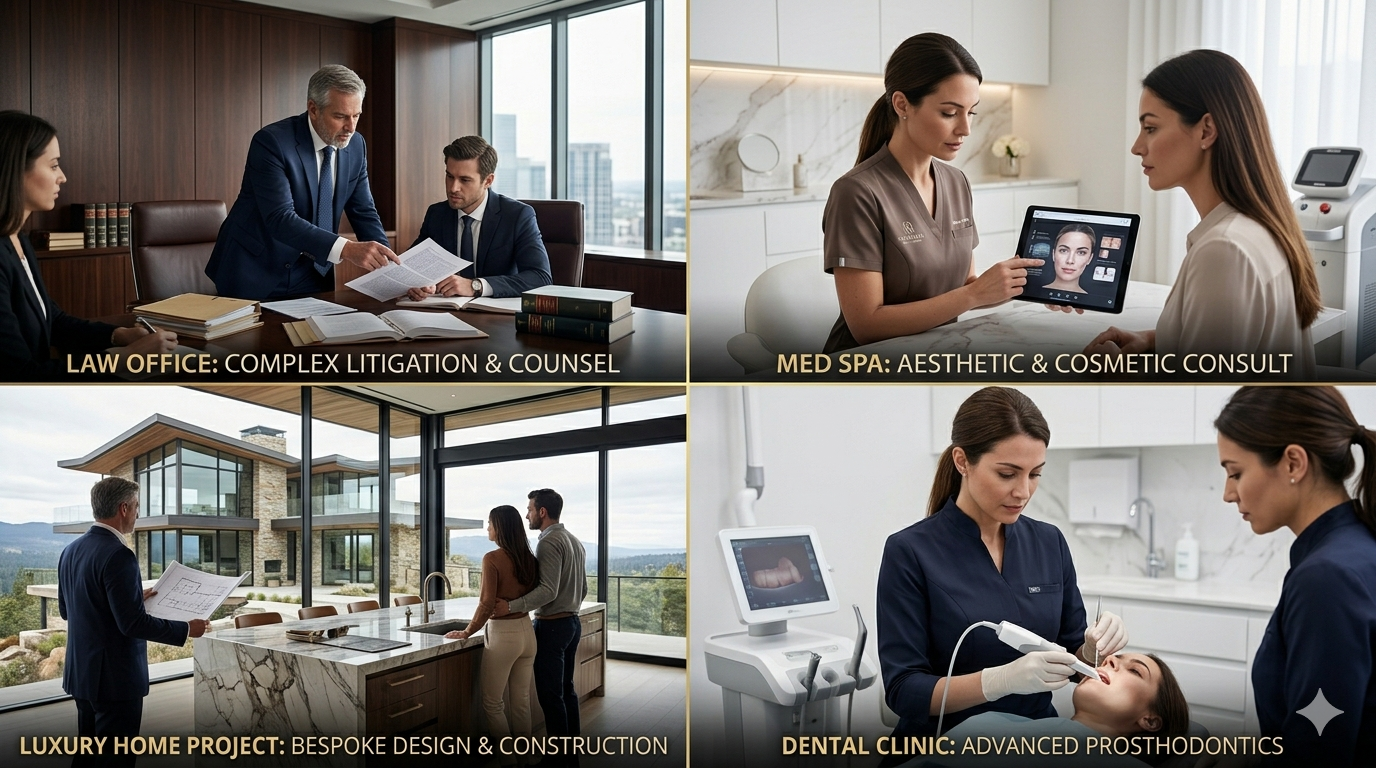 Premium business collage showing law, med spa, home services, and dental verticals served by 1 Minute Sales