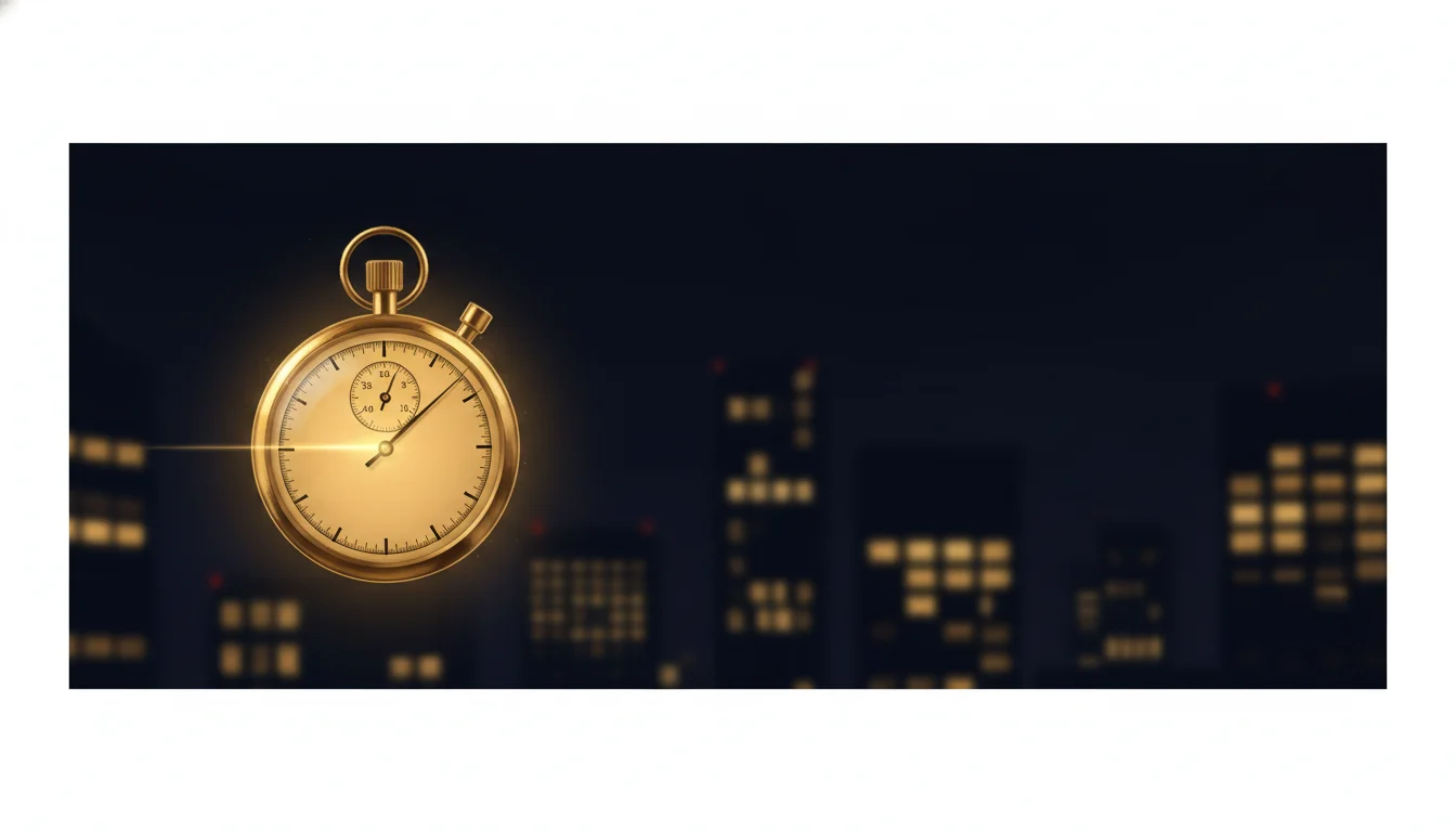 Glowing analog stopwatch suspended over an out-of-focus night cityscape, illustrating the 60-second lead-response window