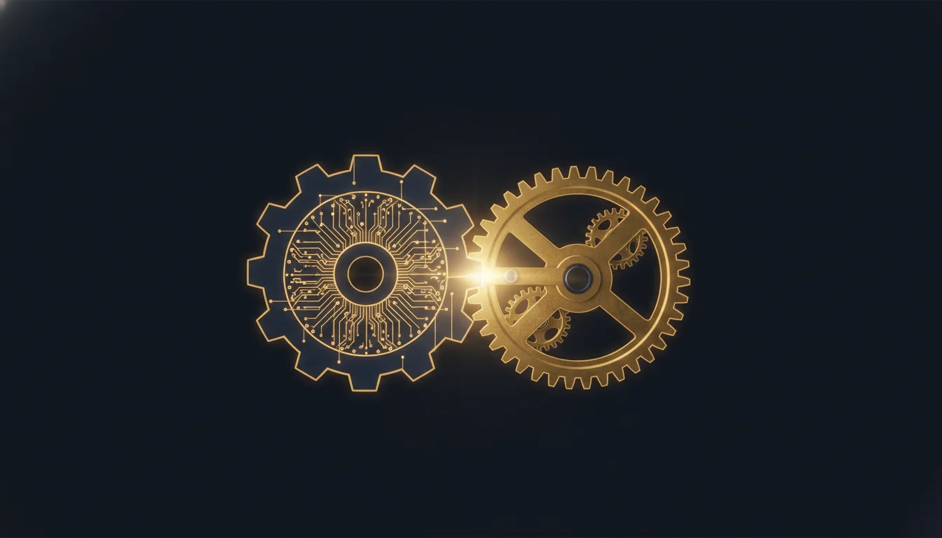 Two interlocking translucent gears — one circuit-patterned representing AI, one classic brass representing human craft — meshed together
