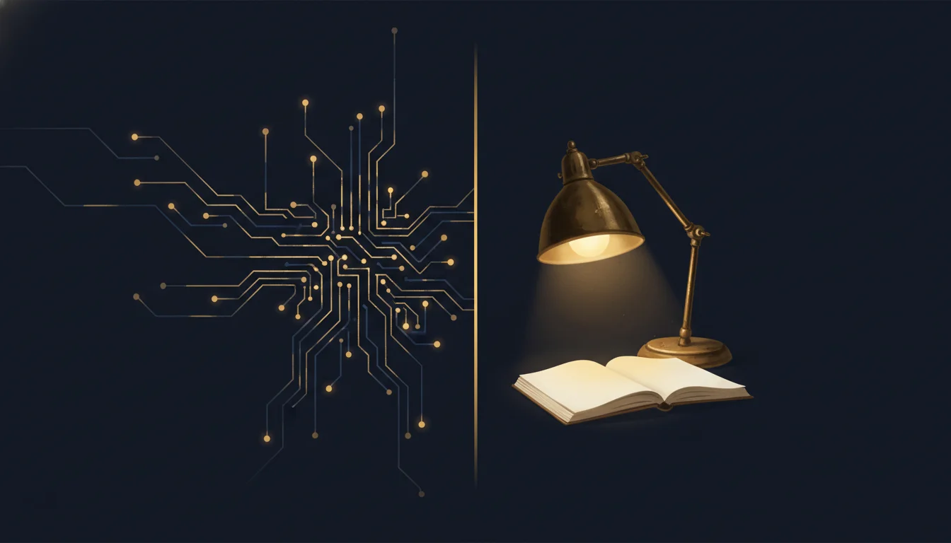 Split-frame composition contrasting an abstract AI circuit pattern on the left with a warm brass desk lamp on the right