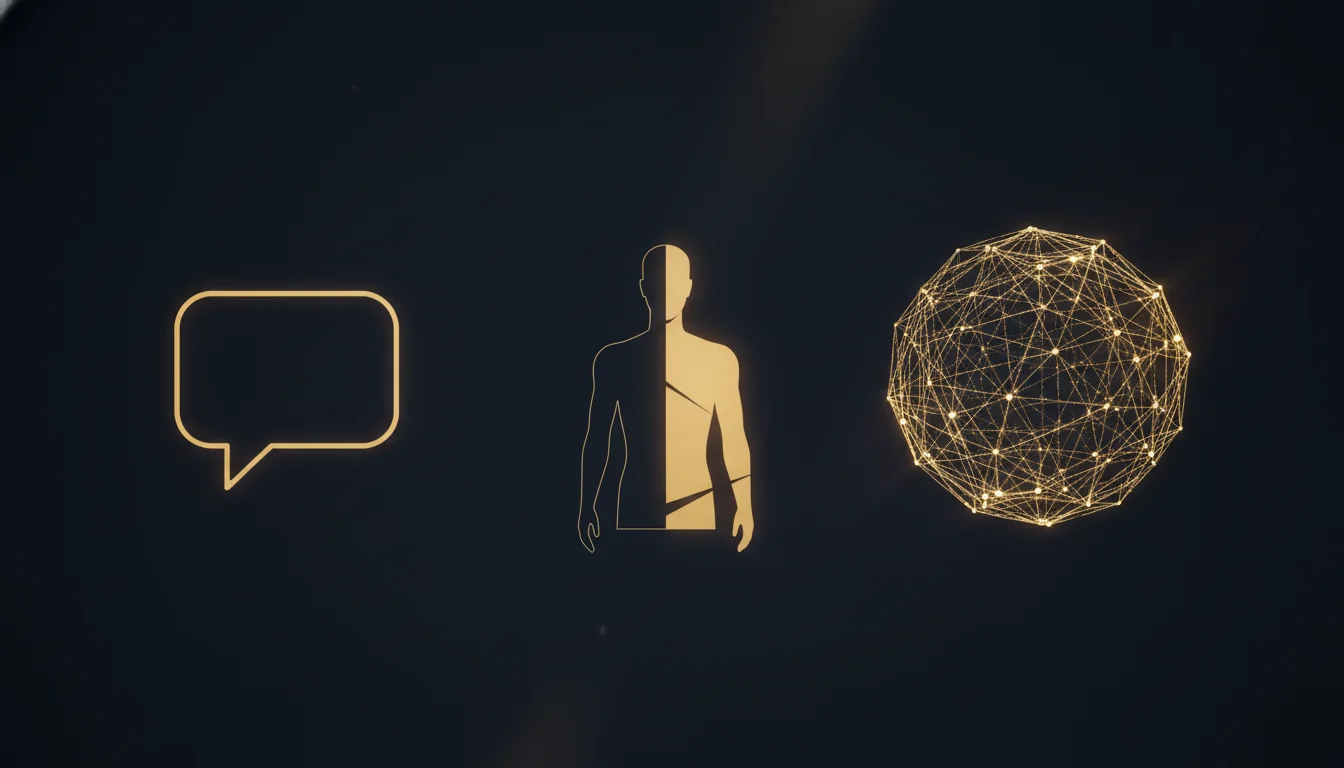 Three suspended geometric shapes — chat bubble, human silhouette, and glowing neural-network sphere — representing chatbots, SDRs, and AI sales teams