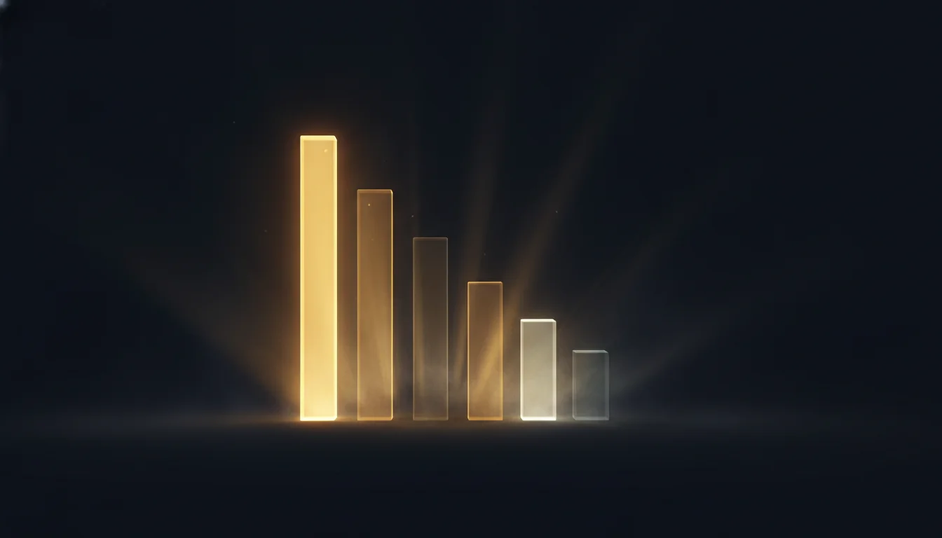 Abstract bar chart rendered as glowing translucent vertical pillars of varying heights against a dark void