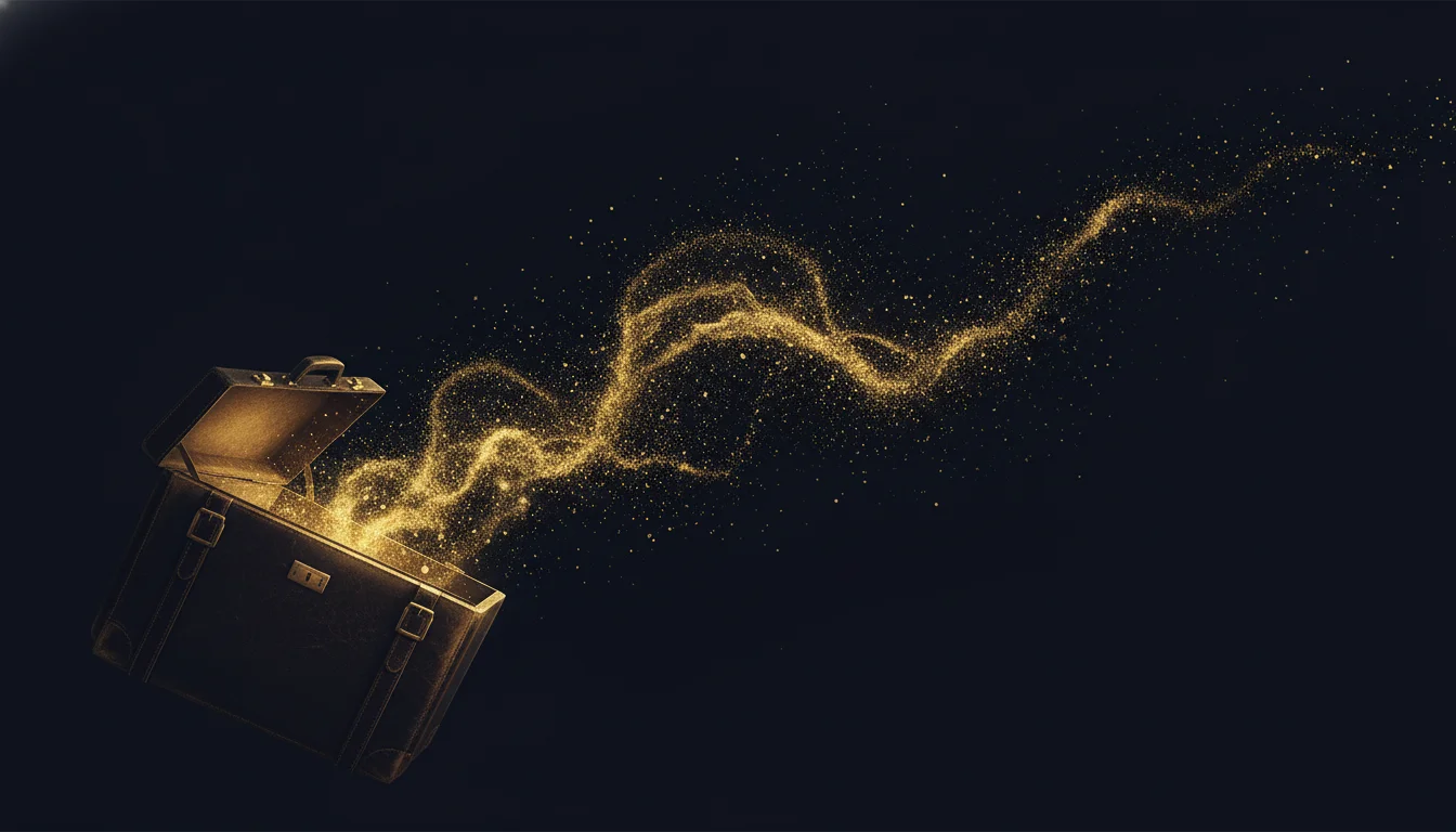 Open vintage briefcase with abstract golden particles streaming out and dispersing into the dark air around it