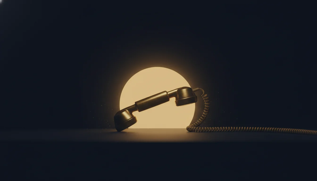 Single antique brass telephone handset resting on a dark polished surface, with a subtle warm gold halo of light around it