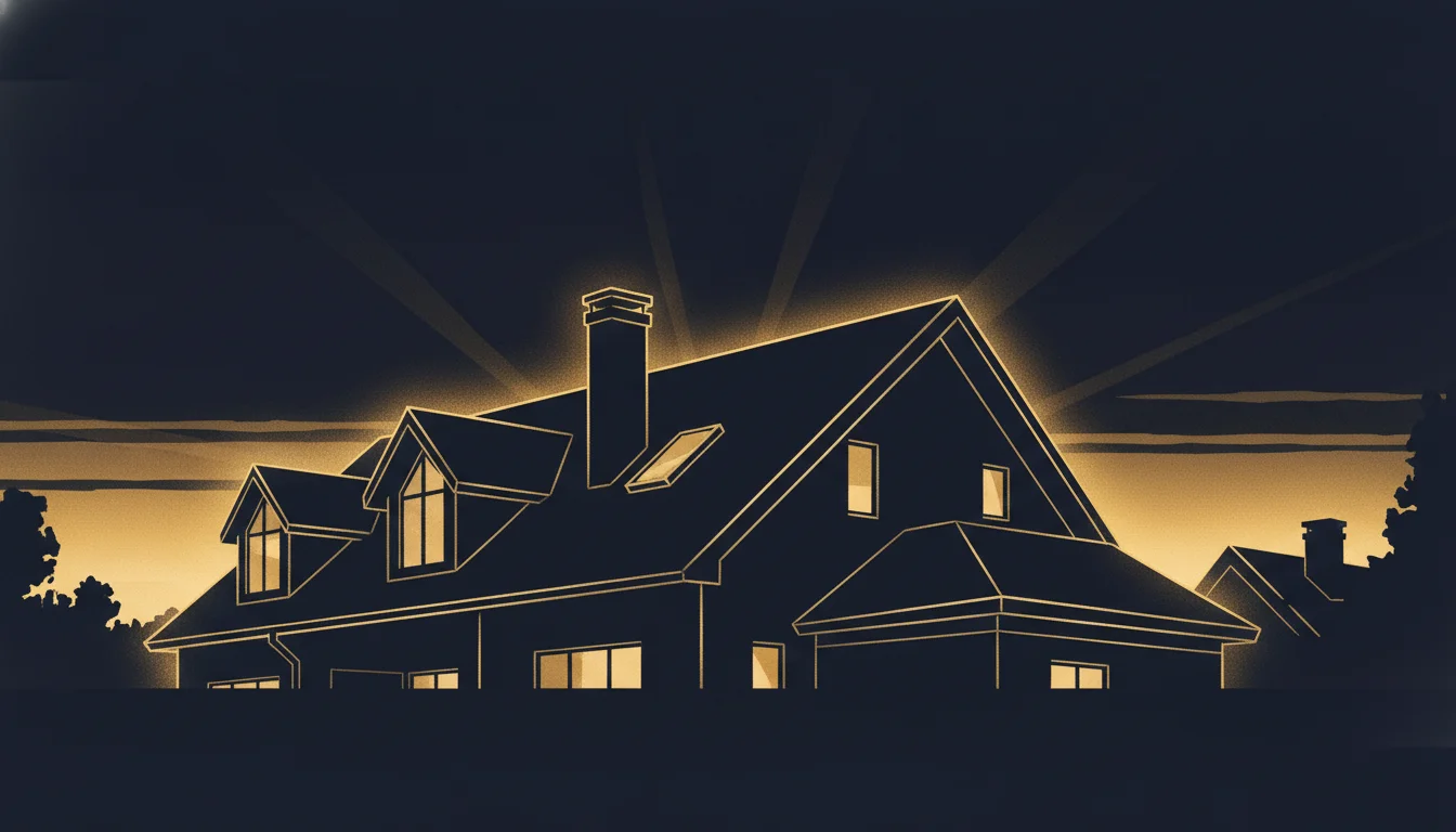 Architectural silhouette of a residential rooftop seen from below at sunset, with warm gold light catching the roofline
