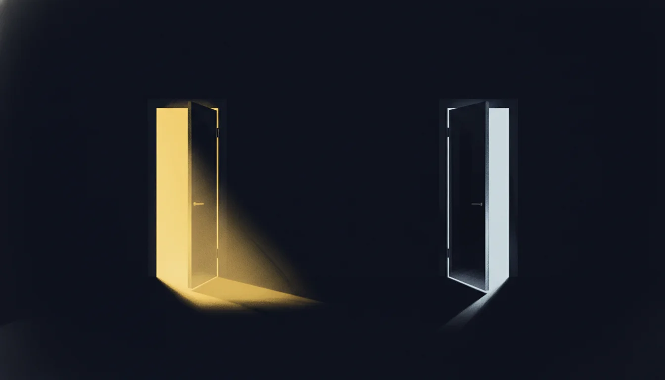 Two stylized doorways stand parallel in a dark void — one open with warm gold light spilling out, one closed in cool moonlight