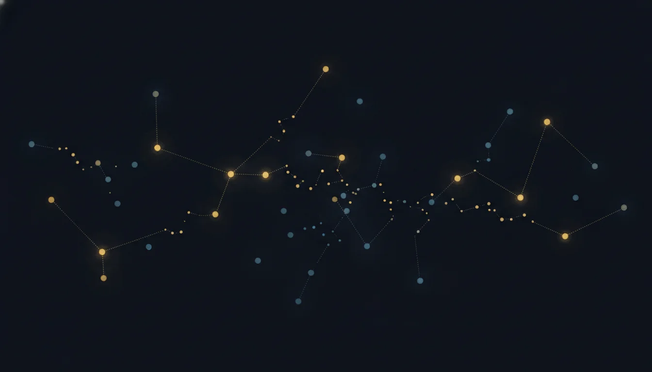 Constellation of scattered glowing dots with faint dotted lines attempting to connect them but stopping short — most connections incomplete